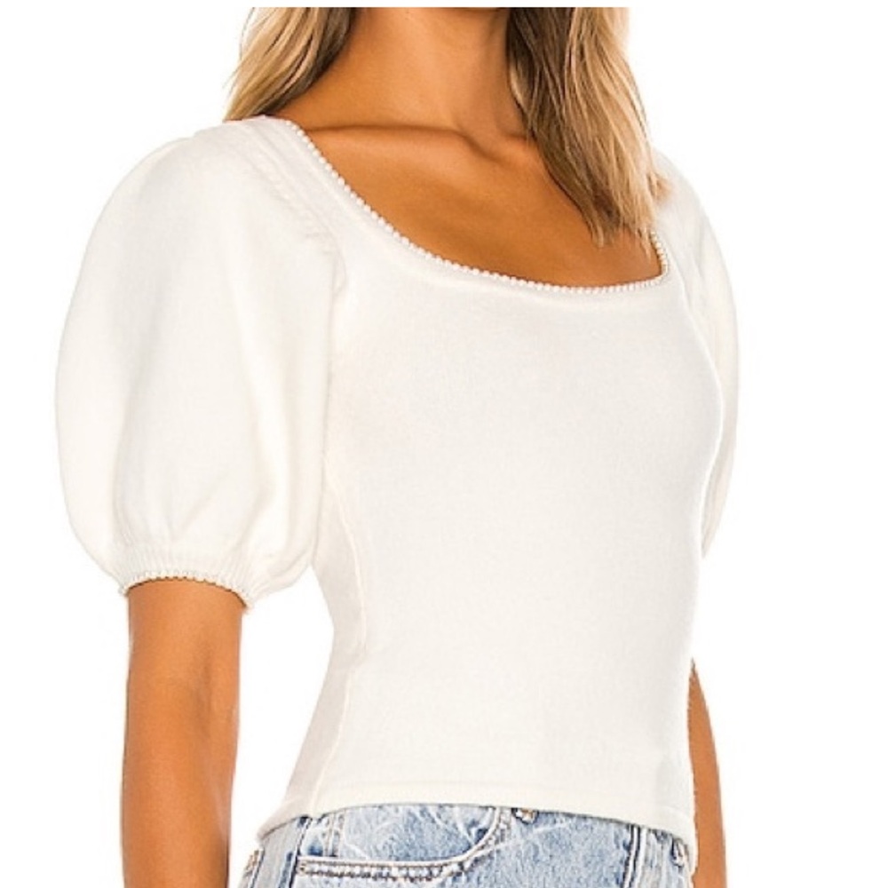 ASTR The label Pearl Trim Ivory Puff Sleeve Sweater